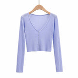 New V-Collar Single-Breasted Long-Sleeved Sunscreen Sweater Summer Hollowed-Out Leisure Air-Conditioning Blouse-Outfit
