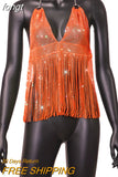 Women New Solid Tassel Sexy Two Piece Set Rhinestone V Neck Sleeveless Halter Backless Top Camis Hollow Out Party Mini