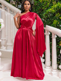 Fongt Women's 2025 New One-Shoulder Folded Dress Twill Dress