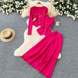 Fongt Fragrant Style Wears Women's Three-Piece Set Of Sleeveless Vest Metal Buckle Long-Sleeved Knitted Skirt