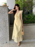 Fongt Xixi 2025 Summer New Korean Version Of High-Waisted Vacation Sleeveless Dress V-Neck Print Pure Desire Skirt 88275