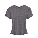 Trend Women's Wear Thread Slim Short-Sleeved T-Shirt Sexy Round Collar Solid Color Shoulder Show Thin Short Navel Blouse-Outfit