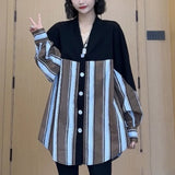 Women's Clothing Korean Striped Blouse Casual V-Neck Loose Spring Autumn Commute Single-breasted Basic Fashion Patchwork Shirt-Outfit