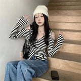 Fongt New Striped V-Necked Long-Sleeved Knitted Cardigan Female Red Ins Wind Short