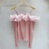Neck T Shirts Girls Patched Beading Ruffles Stretch Tshirt Top Women Spring Summer Slim Tees-Outfit