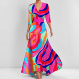Fongt Women's Fashion Elegant Temperament V-Neck Print With Large Skirt Dress Dress Woman