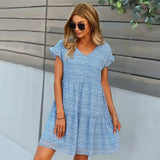 Short Sleeve V Neck Loose Ladies Casual Mini