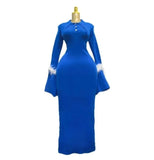 Fongt Fashion Temperament Plain Knitted Pit Long Sleeve Feathers Collar Long Dress Female Elegance