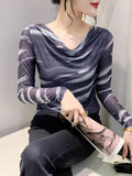 Spring Summer Double-Layer Mesh Top Long Sleeve Printing T-shirt Woman Slim Fitting Tee For Female-Outfit
