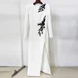 Fongt Star Temperament Dress Embroidered Nails Flowers Long Sleeve Open Fork Long Dress