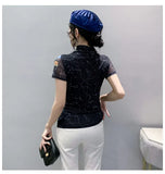Printed Mesh T Shirt Women Short Sleeve Turtleneck TShirts Lady Basic High Stretch Tops Tees-Outfit