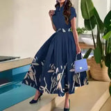 Fongt Shirt Collar Large Hem Positioning Floral Print Short Sleeve Button Dress Belt