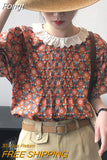 Floral Women Short Shirts Short Sleeves Lace Up Neck Korean Chic Lady Blouse Patchwork Female Outwear