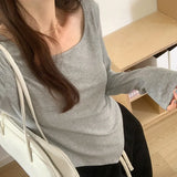 Autumn Long-Sleeved T-Shirt Female Solid Color Leaking Clavicle Square Collar Positive Shoulder Design Irregular Bottomed Shirt Inside Jacket-Outfit