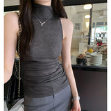 Wrinkle Waist High Collar Sleeveless Vest For Women In Spring And Summer The New Style Waist Shows Thin Black