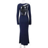 Blue Bodycon Long Sleeve Backless Maxi Dress-Outfit