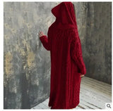 Fongt Knitted Sweater Women Loose Sesame Braided Lazy Hooded Long Cardigan