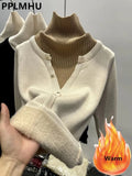 Women Thicken Velvet Lined Fake Two Piece Sweater Winter Turtleneck Patchwork Knitted Tops Korean Warm Lace Splicing Knit