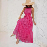 Fongt Women's Summer New Hot Selling Hanging Neck Lotus Leaf Side Long Dress