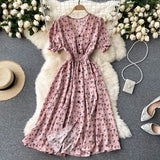 Dress Women's Aging Bubble Cuff Buckle Slimming Medium-Long Heart Machine Forked Retro Broken Flower Platycodon Grandiflorum Skirt-Outfit