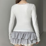 Lace Trim V-Neck Stitched Long Sleeve Tee-Outfit