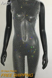 Sale Fishnet Bling Crystal Diamonds Dress Grid Sleeveless O Neck Sexy See Through Women Skinny Mini Dresses Night