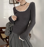 Contrast Color Trim Slim Long Sleeve Knit Top-Outfit