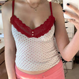Girl Feeling Lace Splicing Small Sexy V-Neck Body Wave Point Sling Vest 2024 Spring / Summer New