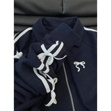 Blue Bow Stripe Zipper TrackJackets-Outfit