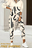 Autumn Lady Casual Long Pants Suit Women Patchwork Zip Top Print Trousers Set Loose High Waist Pants Two Piece Set