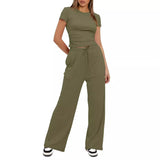 Fongt Suit Folding 2025 New Solid Short-Sleeved Top High-Rise Broad Leg Pants Sportswear