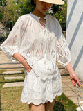 Fongt Holiday Small Fragrant Suit White Embroidery Top + Shorts European Oil Women's Clothing Set Women's