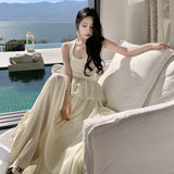 Fongt Gentle Small Holiday Back Show Thin Sling Feeling Flounce Design Long Dress-Outfit