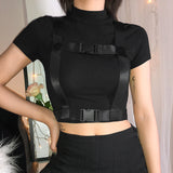 Gothic Sexy Women Basic Tshirt Short Sleeve Techwear O-Neck Tee Shirt Femme Summer Crop Tops With Buckle