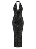Halter Deep V Neck Sequin Maxi Dress-Outfit
