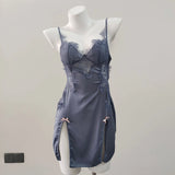 Fongt Lace Open-Forked Bow Pajamas 2025 New Sexy Thin Sling Ice Ribbon Women's Sleeping Skirt With Chest Cushion