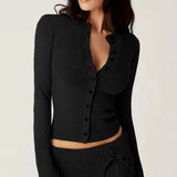 Fongt Retro Solid Color Simple Casual Sweater Women's New Slim Round Collar Single Breasted Pleated Top-Outfit