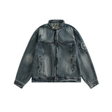 Fongt Do Old Wash Texture Loose Denim Jacket Male Zip Couples Jacket Popular Logo Casual Jacket Female-Outfit