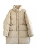 Pinghu Down Jacket Female 2024 Winter New Thickened Stand Collar Long Button Warm White Duck Down Coat Tide-Outfit