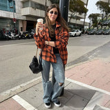Fongt New Vintage Plaid Shirt Women's Casual Plaid Top Versatile Lapel Loose Medium Long Shirt-Outfit