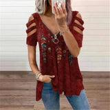 Collar Leisure Zipper Pullover Print Short Sleeve Loose T-shirt