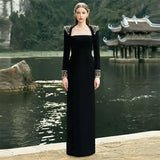 Fongt Star Temperament Elegant Heavy Industry Gems Diamond Long Sleeve Long Dress Dress Dress Dress