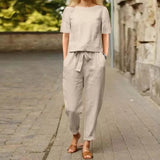 Women Summer Solid Matching Set Half Sleeve O-Neck Oversize Thin Blouse Wide Leg Pant Femme Holiday Elastic Vintage