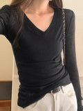 Ribbed V Neck Slim Long Sleeve Knit-Outfit