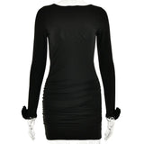 Autumn and Winter Dresses Sexy Long Sleeves Round Neck Spliced Backpack Hip Skirt Short Skirt Club Clothing Vestidos-Outfit