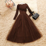 Women 2022 Knitted Mesh Patchwork Dress Long Sleeve Elegant Woman Casual Knitted