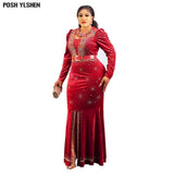 Luxury Velvet Bodycon Long Maxi Dress African Dresses For Women Sexy Hot Drilling Mermaid Evening Party Robe Africaine