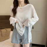 Fongt Fork Sunscreen Long-Sleeved T-Shirt For Women 2023 New Solid-Color Top Loose Air-Conditioning Hooded Summer Bottoming