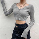 Fongt 2025 Spring New Women's Sexy Pure Color V-Neck Knitted Top T-Shirt Girl