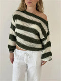 Knit Striped Off-shoulder Sweater-Outfit